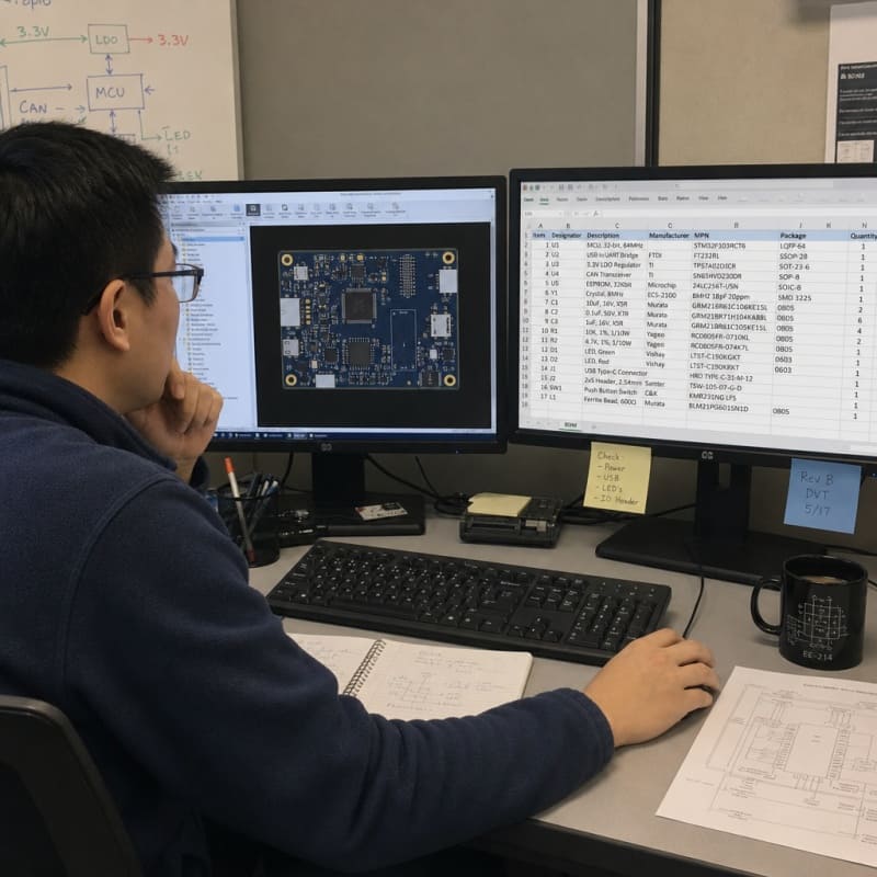 Engineer reviewing PCB layout and BOM for DVT testing and DFM review – Fuxin PCBA